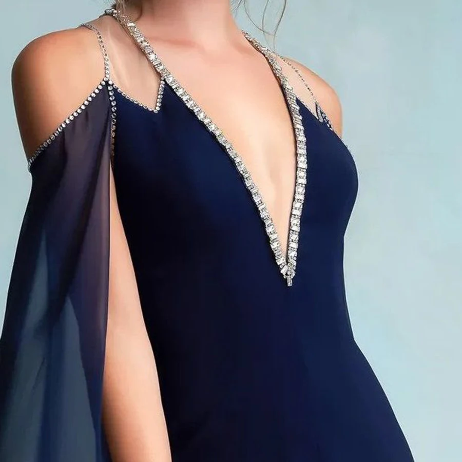 Vestido de baile azul personalizado, alça espaguete, miçangas, ilusão, festa, elegante, noite, decote em v, tule, vestidos até o chão para mulheres