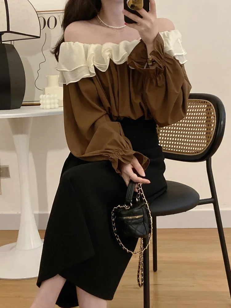 블라우스 여성 패치워크 봄 특별 섹시한 슬래시 넥 루즈핏 여성용 부드럽고 심플한 올매치 한국 스타일 우아한 데일리 캐주얼 신상품