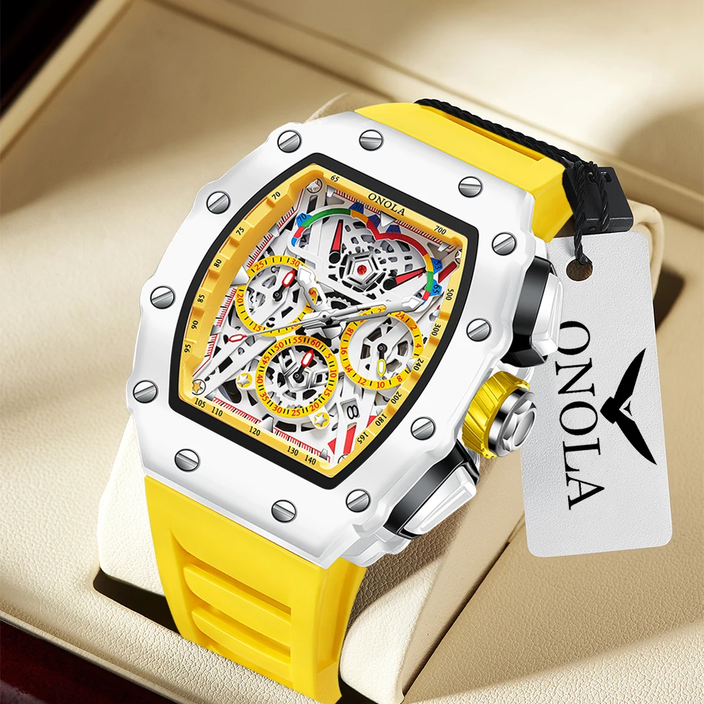 Hot Sell Sport Men White Watch ONOLA Casual Silicone Strap Tonneau Clock Male Fashion Chronograph Quartz Wristwatch Reloj Hombre