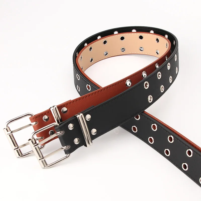 3.8cm Leather Double Needle Buckle Belt For Fashionable Men's And Women's Travel Black Coffee Colored Rivet Decorative Belt