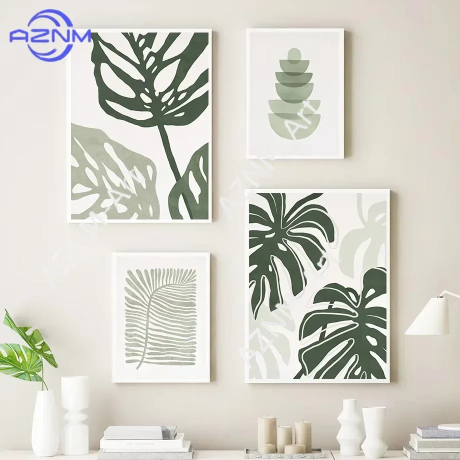 Botanical Tropical Leaf Gallery Wall Frameless Green Monstera & Palm Canvas Prints for Living Room & Bedroom