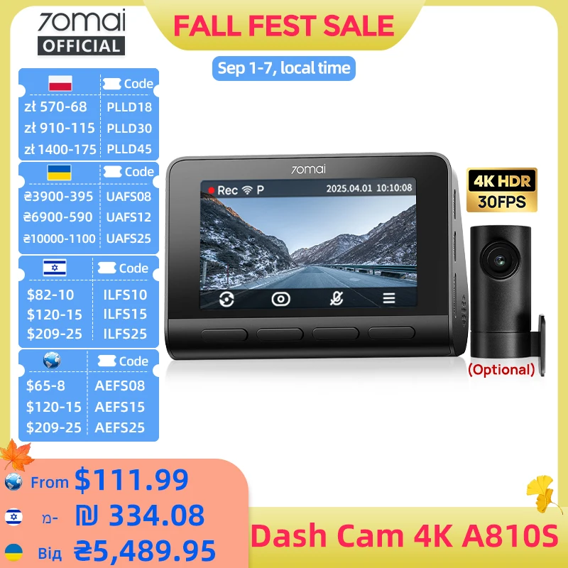 70mai A810S 4K Dash Cam IMX678 Dual HDR Supercapacitor 4G LTE Remote Control ...