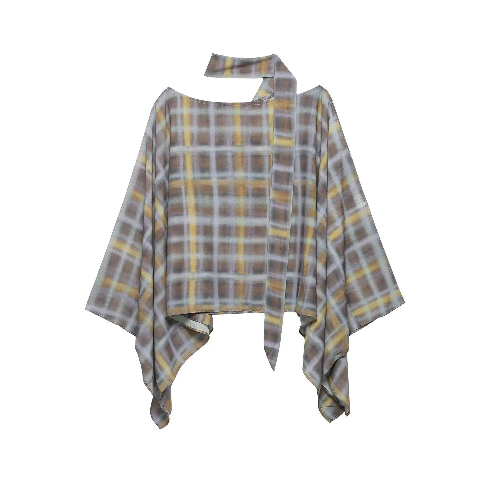 Women's Fashion Casual Plaid Scarf Cape Top Plaid Print Tie Neck Batwing Sleeve Blouse Loose Fit Casual Top For Vacation 7EE6