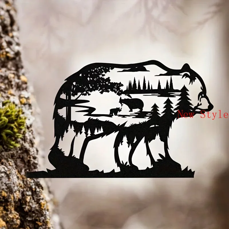 

Metal Home Art Decoration Forest Bear Silhouette Sculpture Ornament Rustic Cabin Farmhouse Wall Iron Tree Decorations, Black Ho