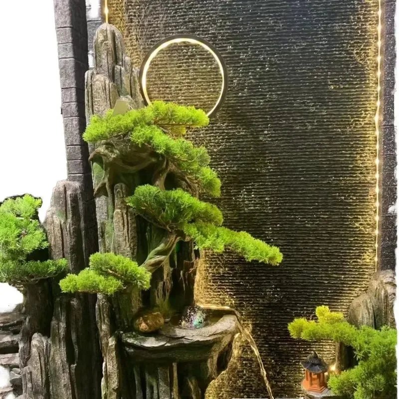 Indoor Outdoor Retro Simulation Rockery Water Well Flow Feng Shui Lucky Fountain Wheel Chinese Crystal Wall Mounted