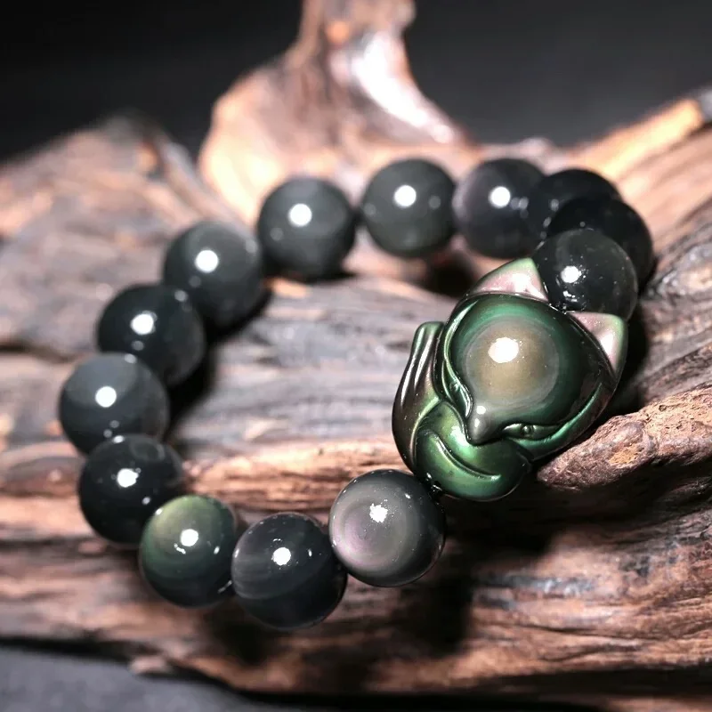 Natural obsidian Fox Bracelet Men Women healing gemstone fine jewelry genuine Rainbow black obsidian Celestial Eye Fox bracelets