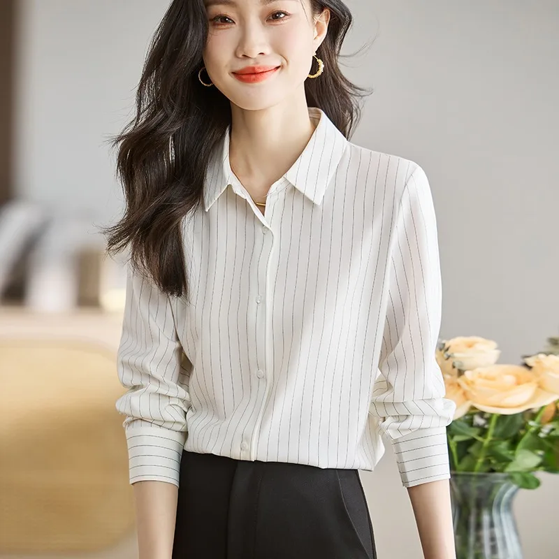 مكتب سيدة طويلة الأكمام رفض طوق المرأة قميص أبيض مخطط الشيفون قميص بلوزة المرأة بلايز Blusas Para Mujer Blusa G845 #3