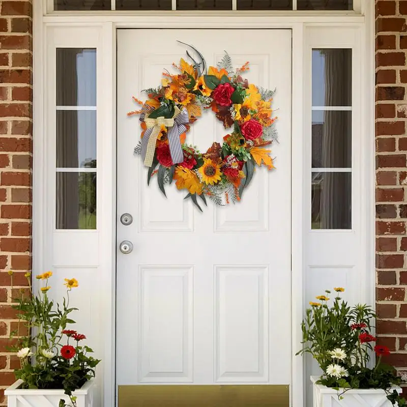 

Fall Floral Wreath With Bow Realistic Fall Wreath With Sunflower Thanksgiving Decoration Door Wreath For Front Door Walls