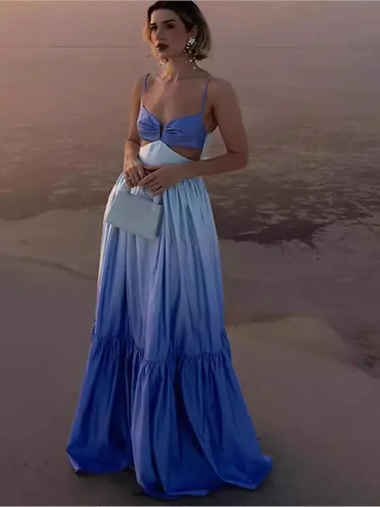 

Women's Spaghetti Strap Dress Fashion Hollow Out Holiday Beach Gradient Long Dresses Elegant Party Dresses Vestidos Para Mujer