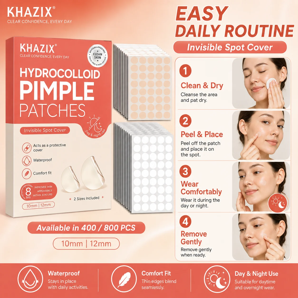 400/800Pcs Hydrocolloid Face Concealer Patches, 2 Shades Nude & Clear, Invisible Waterproof Skin Stickers, Day Night Use