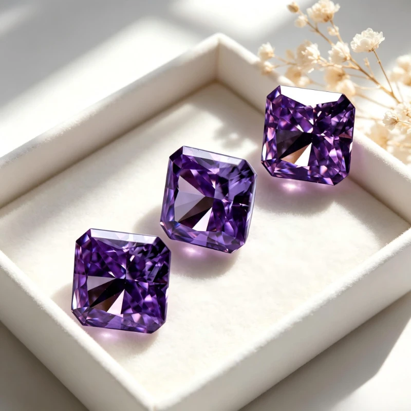 Kubischer Zirkonia, synthetischer Zirkon, violette Farbe, quadratische Form, CZ 4K-Schliff, 5A+ Qualität, Crushed-Ice-Schliff, hochkarätiger Diamant – Detail 6