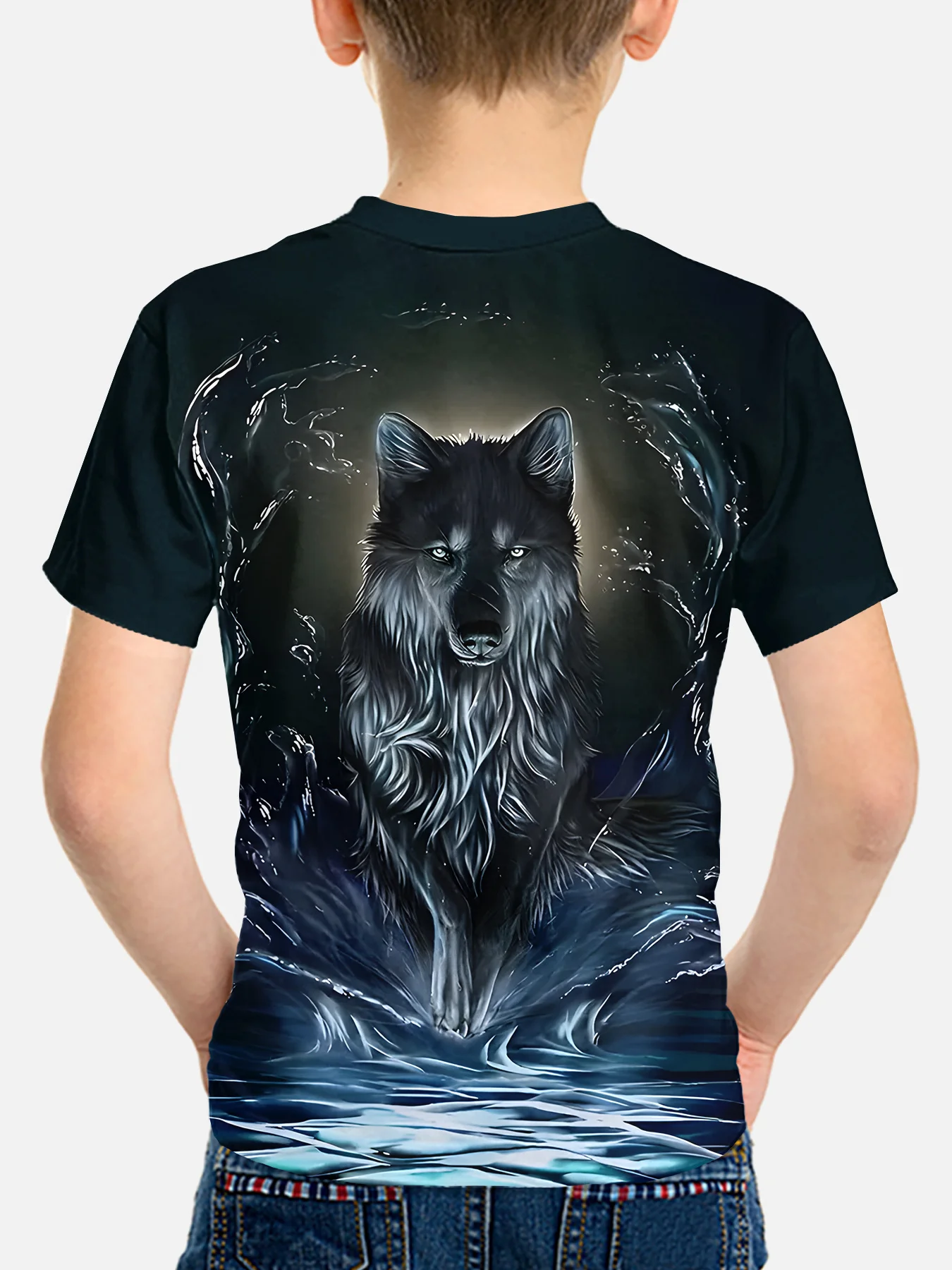 Boys Animal Themed T-Shirt, Powerful Black Wolf Walking Through Water Casual Kids Graphic Top