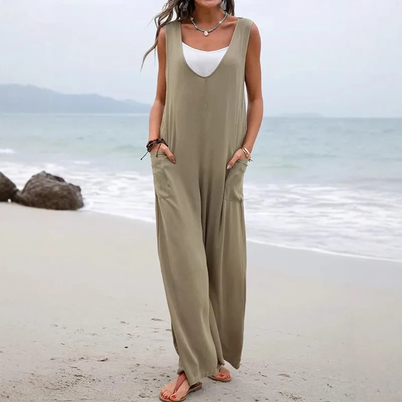 بدلة قفز نسائية صيفية جديدة لعام 2025 بدون أكمام ملابس نسائية مقاس كبير