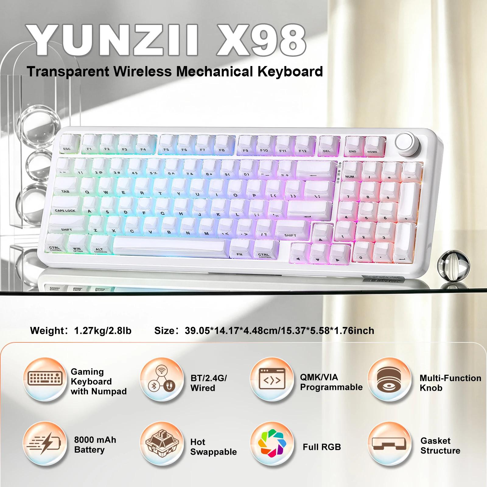 YUNZII X98 Solid Version QMK/VIA Wireless Mechanical Keyboard with Knob, Jelly Gaming Keyboard, Hot-Swap Gasket RGB for Win/Mac