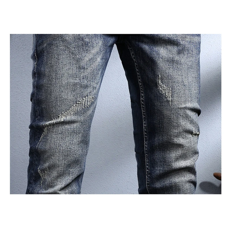 

Дизайнерские модные мужские джинсы высокого качества, ретро, темно-синие, стрейч, зауженные, рваные, в стиле Y2K, итальянский винтажный стиль, джинсовые брюки