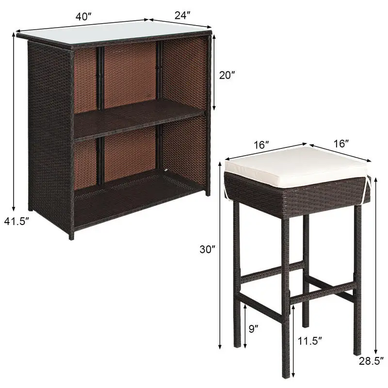 

3-piece Rattan Wicker Bar Table Stools Dining Set Cushioned Chairs