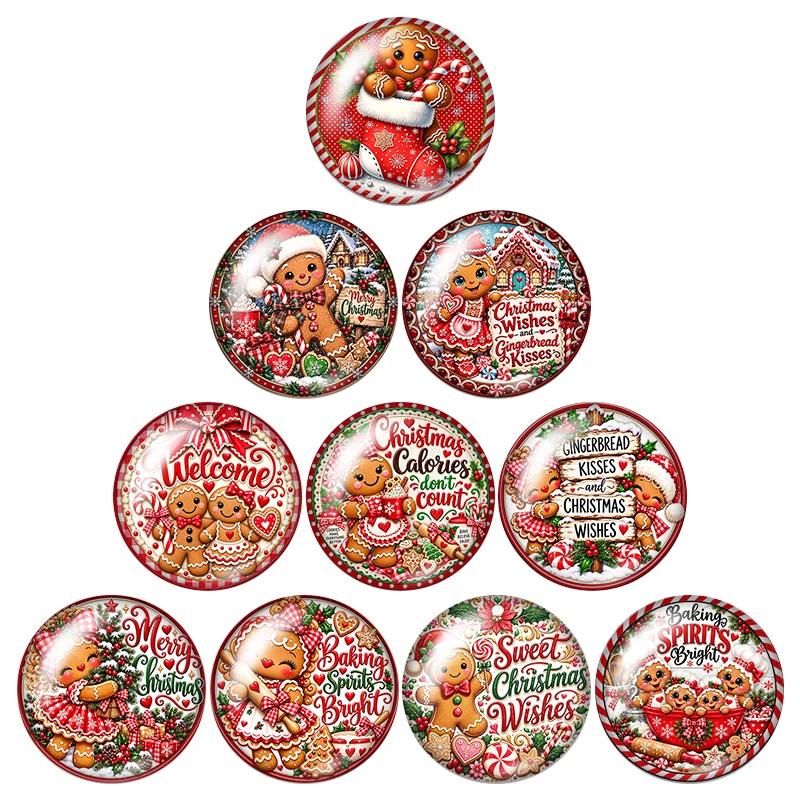 Red Christmas Wishes and gingerbread Kisses 10pcs 12mm/18mm/20mm/25mm Round photo glass cabochon flat back Making findings