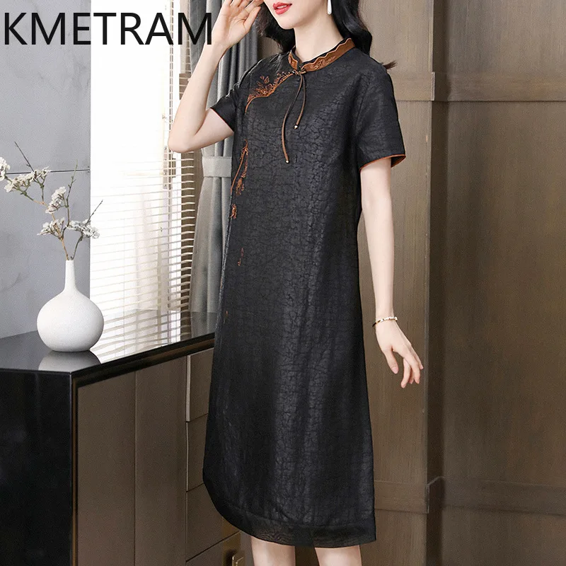 KMETRAM 100% Mulberry Silk Dress Women Luxury Party Long Dresses 2024 Summer Dress Womans Clothing Chinese Style Cheongsam 원피스