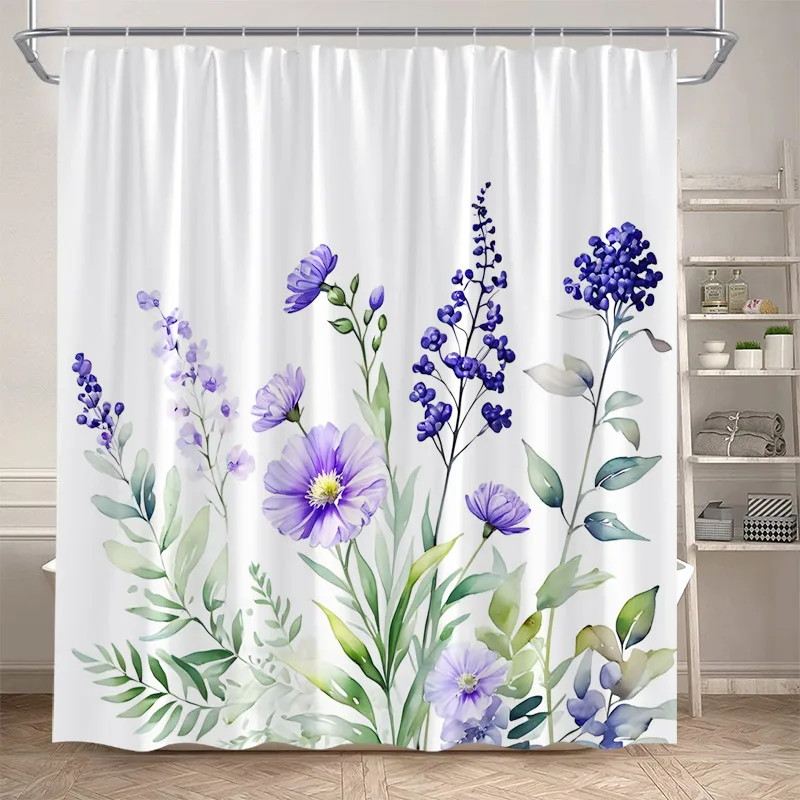 Floral Shower Curtain Blue Purple Pink Watercolour Flowers Plant Modern Minimalist Polyester Bathroom Decor Bath Curtains Set