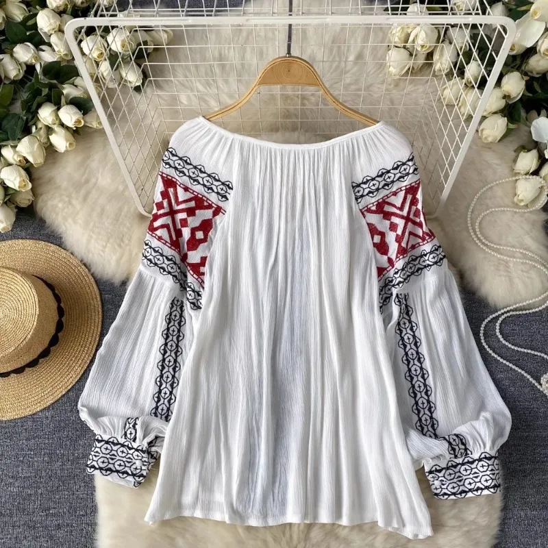 Ethnic Style Vintage Lantern Sleeve Pullover Top V-neck Lace0-up Embroidery Sweet Vintage Shirts All-match Chiffon Panelled Ropa