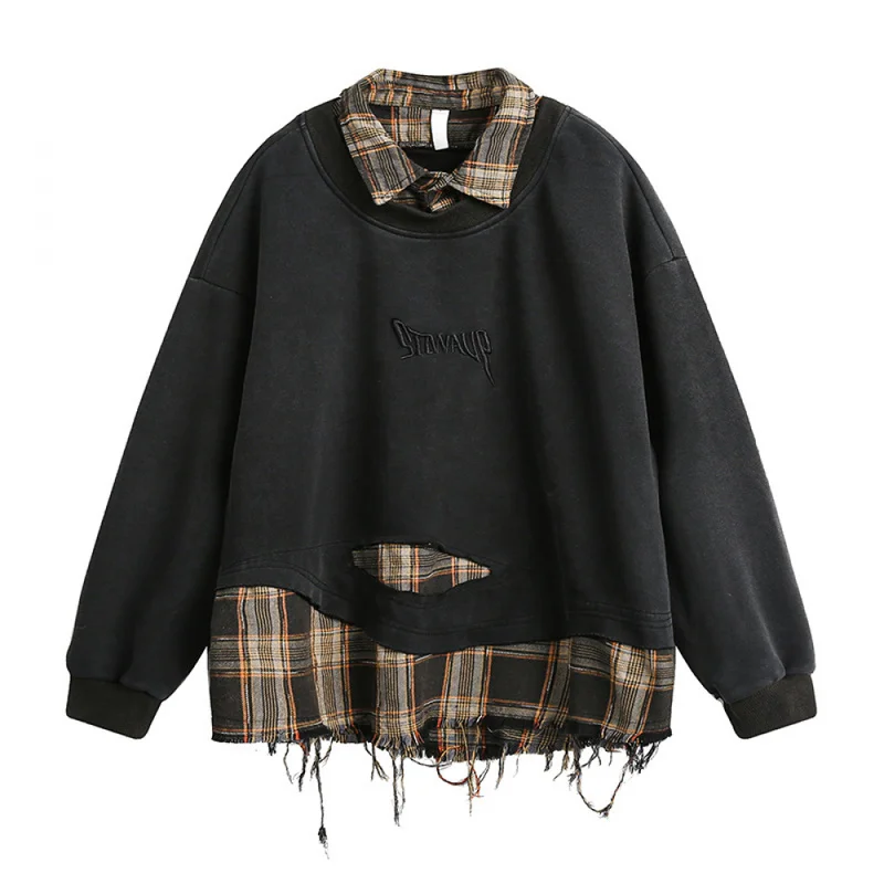 QICHE 2026 Autumn Unisex Lapel Sweatshirt American Vintage Plaid Splicing Distressed Loose Versatile Top