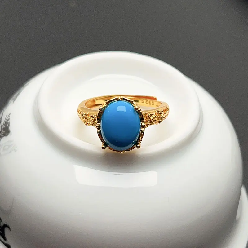 Antique Look 925 Silver Cabochon Turquoise Ring Natural Turquoise Powder Forming Gemstone ring with 3 layers 18K gold plating