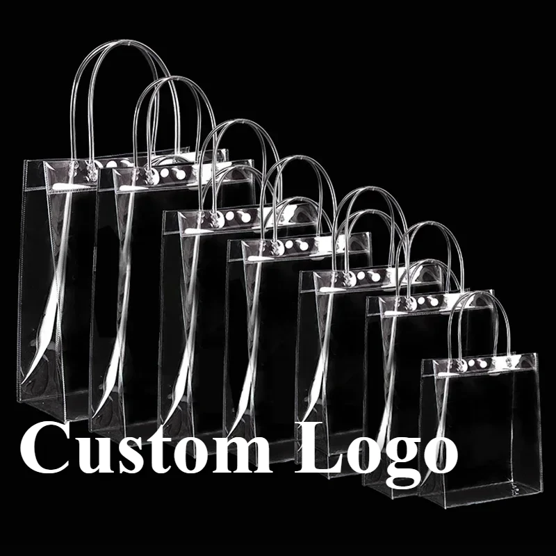 100PCS custom LOGO transparent tape handle plastic gift bags reusable handbags PVC gift bags wedding party supplies