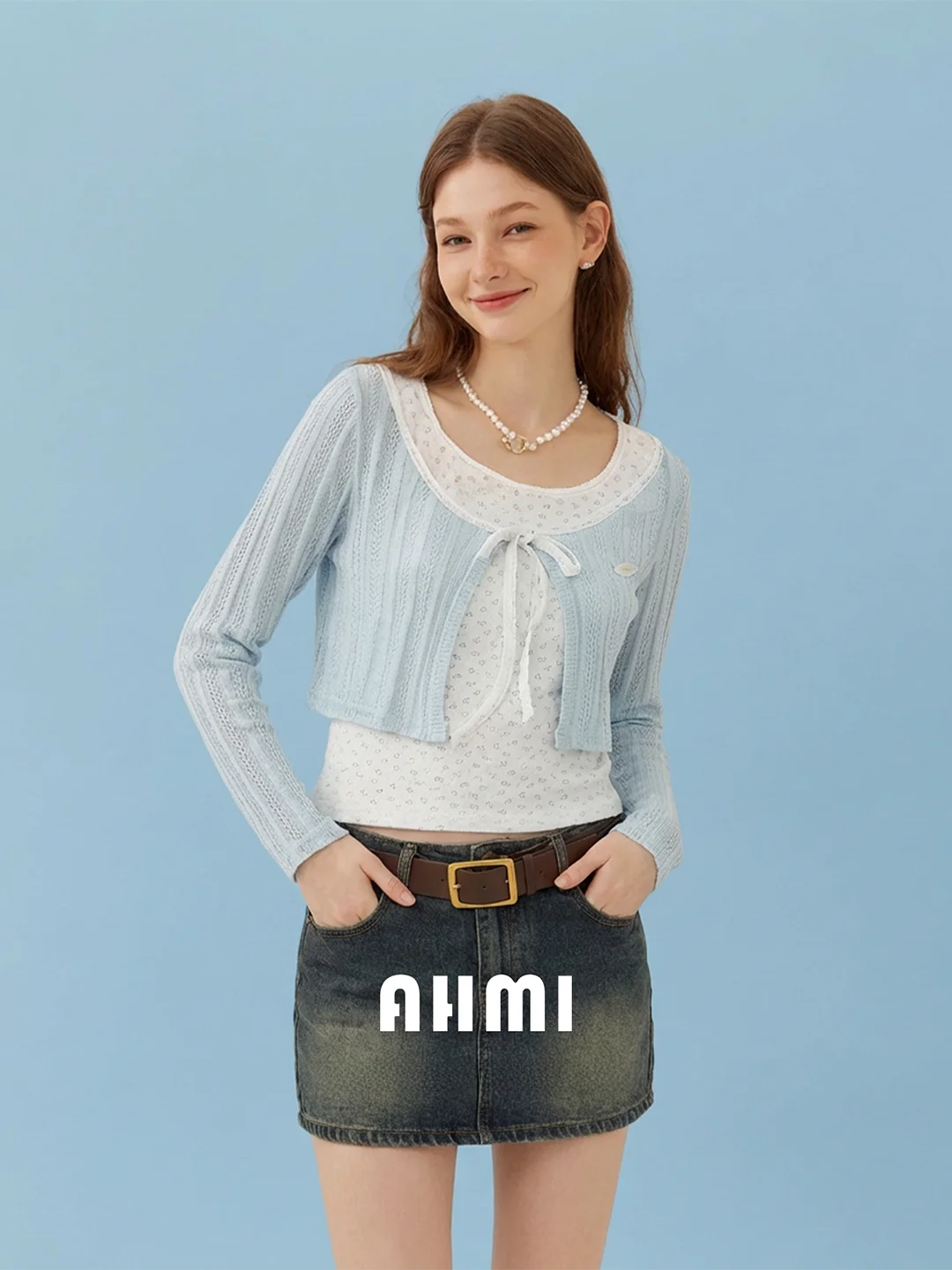 

AHMI Spring 2026 Women's Slim Fit Floral Print Knitted Long Sve Top Soft Cotton Casual Wear round Ne ort Length
