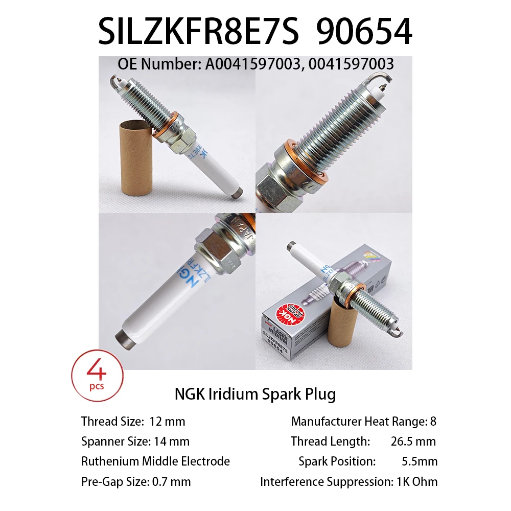 

4pcs Original Iridium Platinum Spark Plug SILZKFR8E7S 90654 Suitable For Some Models Of C200 C250 C300 E200 E250 GLA GLC etc