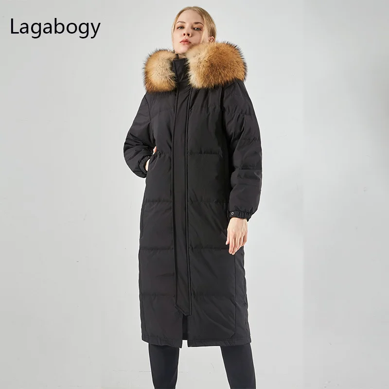 

White 2023 Down Women Duck Winter 90% Coat Long Parka Female Hood Waterproof Thick Puffer Jacket Large Real Raccoon Fur