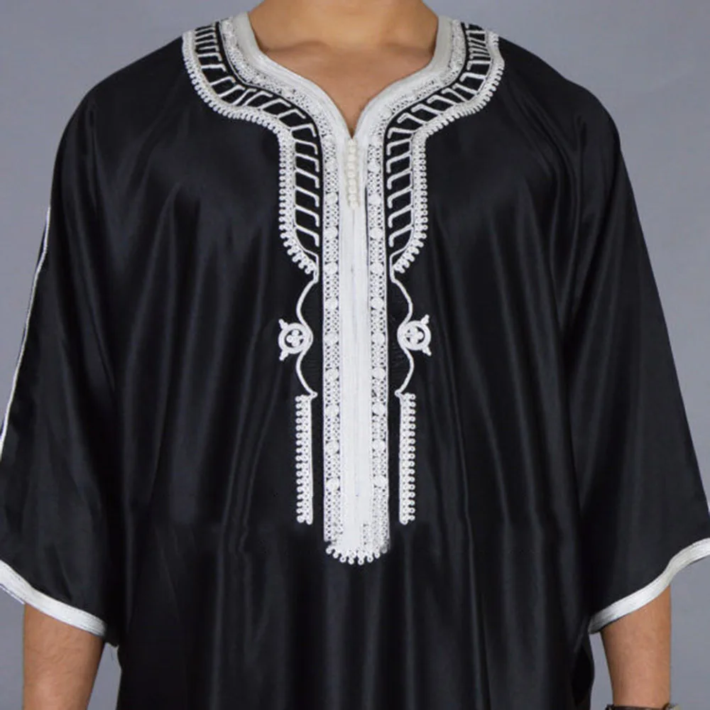 Árabe longo robe islam kaftan muçulmano eid homens marroquino dubai caftan bordado solto respirável abaya jalabiya thobe verão 2024