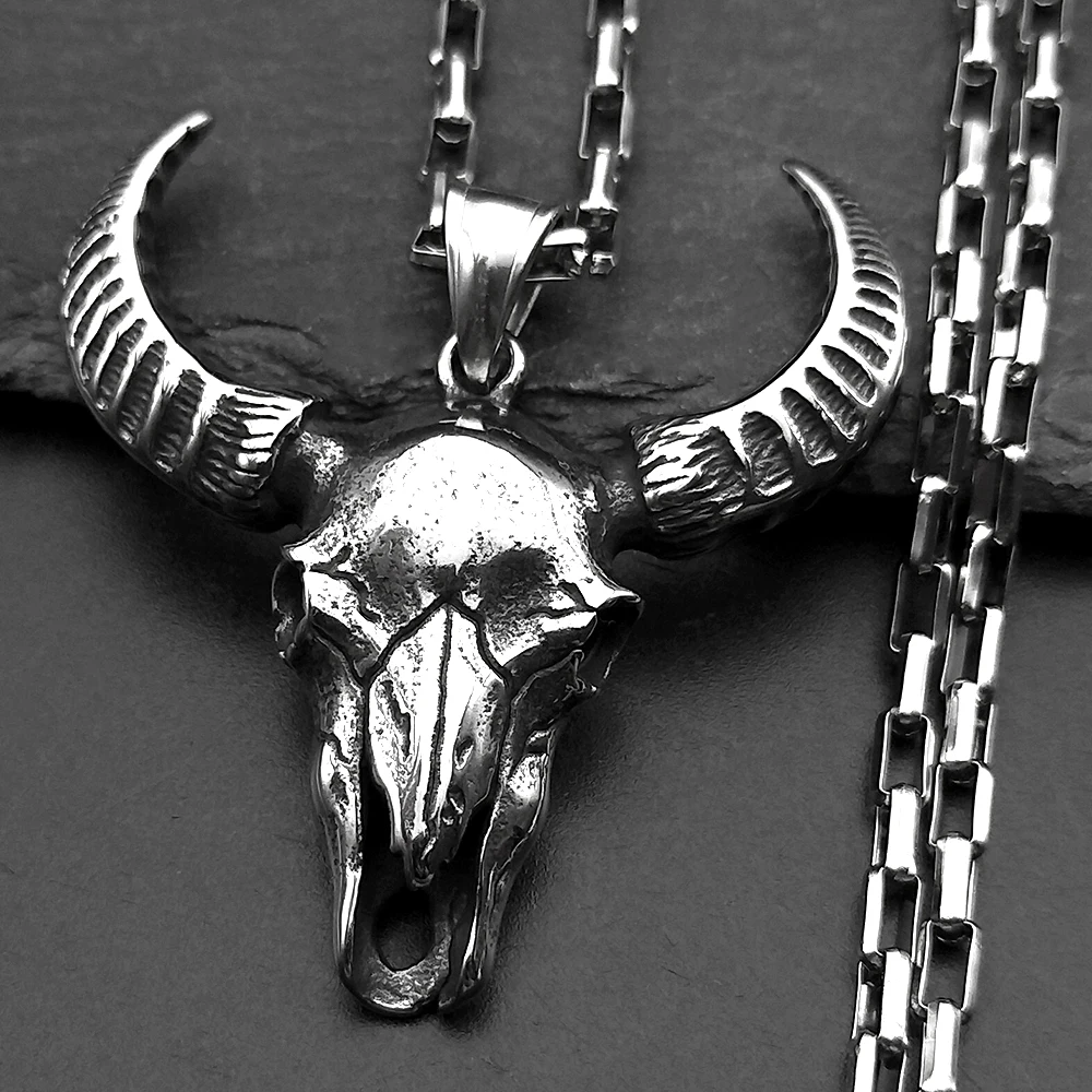 Gothic Vintage Viking Skull Ghost Bull Head Pendant Necklace for Men Women Silver Color Punk Satan Halloween Jewelry Gift