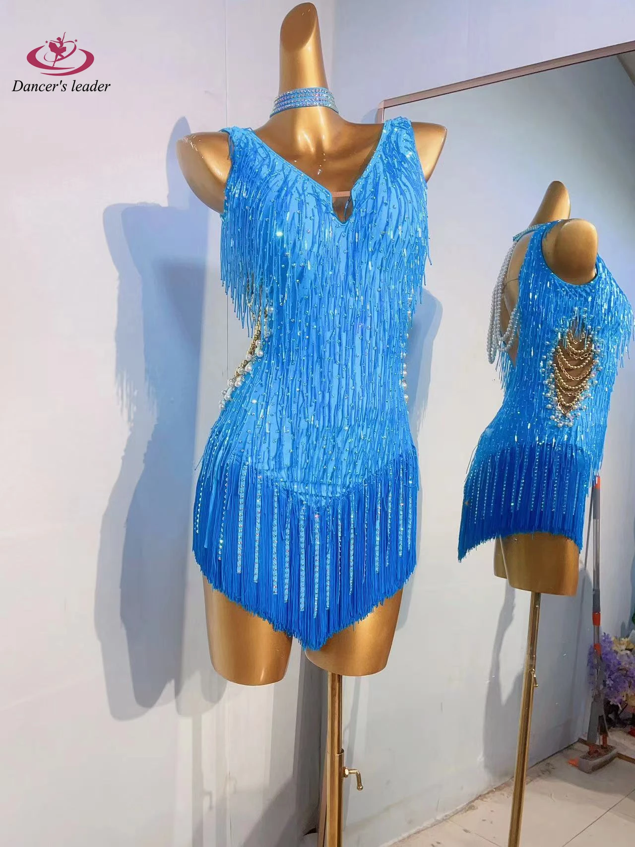 Abito da donna con strass Samba con perline blu personalizzato di fascia alta da donna di danza latina internazionale