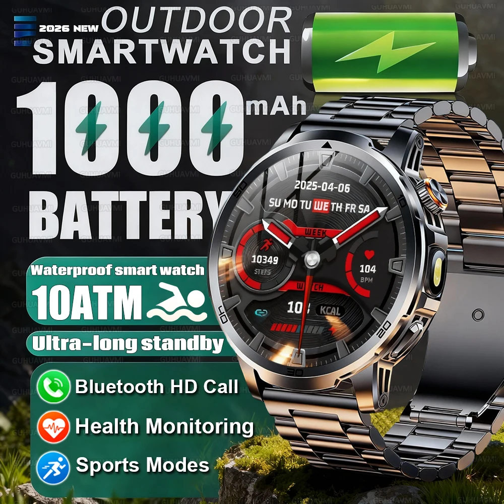 

2026 New Outdoor Military 1000mAh Battery Smart Watch Men 10ATM Waterproof 1.85" AMOLED Screen Sport Heart rate Tracker Bracelet