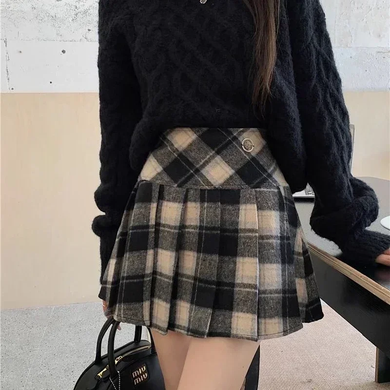 Deeptown Plaid Wool Skirt Vintage Kawaii Sweet Korean Fashion Mini Skirts Preppy Style Cute Autumn Winter Patchwork Short Skirts