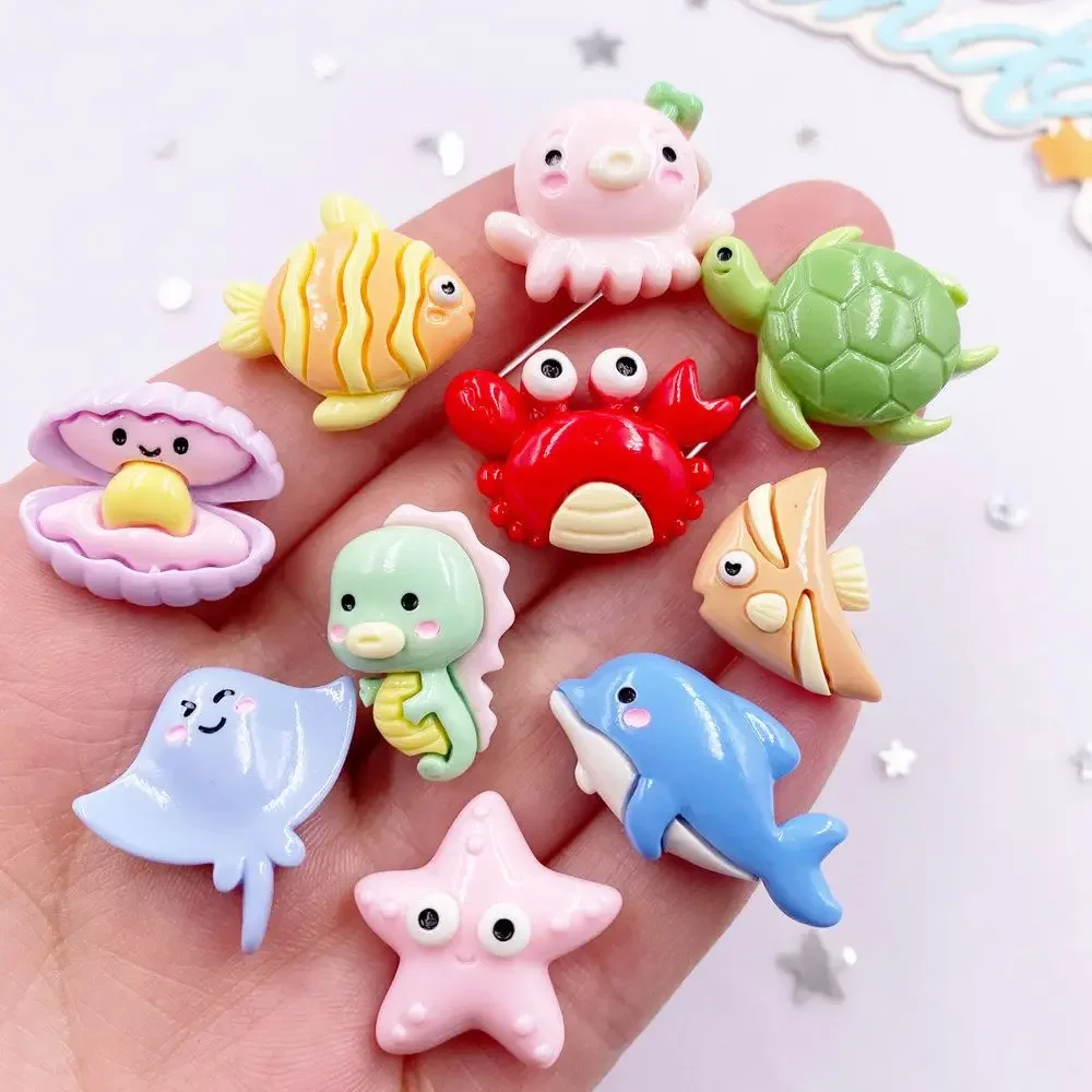 10pcs Colorful Resin Sea Turtle Jellyfish Crabs Shells Octopuses Whales Ocean Animal Figurine Flatback Scrapbook DIY Decor Craft