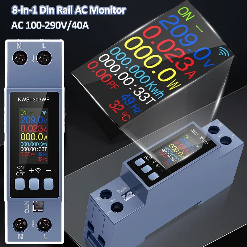 KWS-303 Din Rail AC Power Meter 8-in-1 100-290V/40A Multi Functional Voltage Current Power Meter Smart Switch Energy Monitor