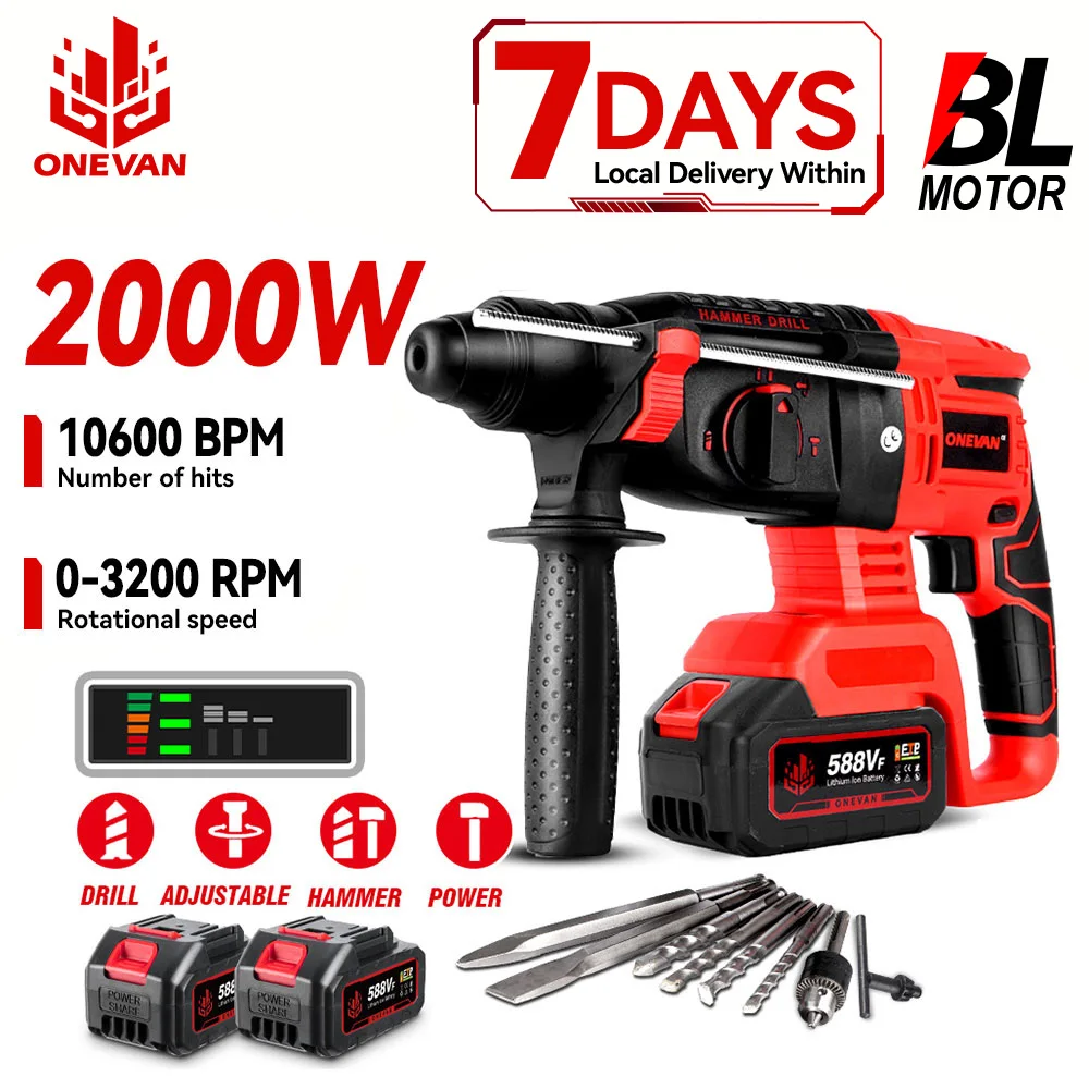 Marteau électrique sans fil ONEVAN 2000W, 4 modes, perceuse à percussion multifonctionnelle, outil électrique compatible avec les batteries Makita.