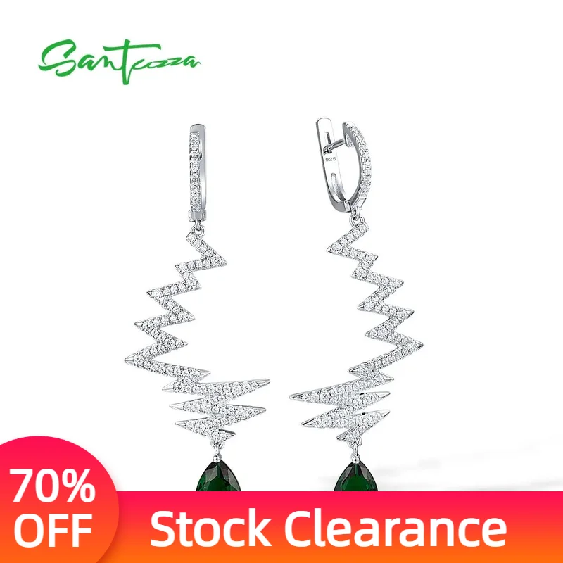 

SANTUZZA 925 Sterling Silver Long Drop Earrings For Women Sparkling Green Glass White CZ Wave Shape Unique Fine Chic Jewelry