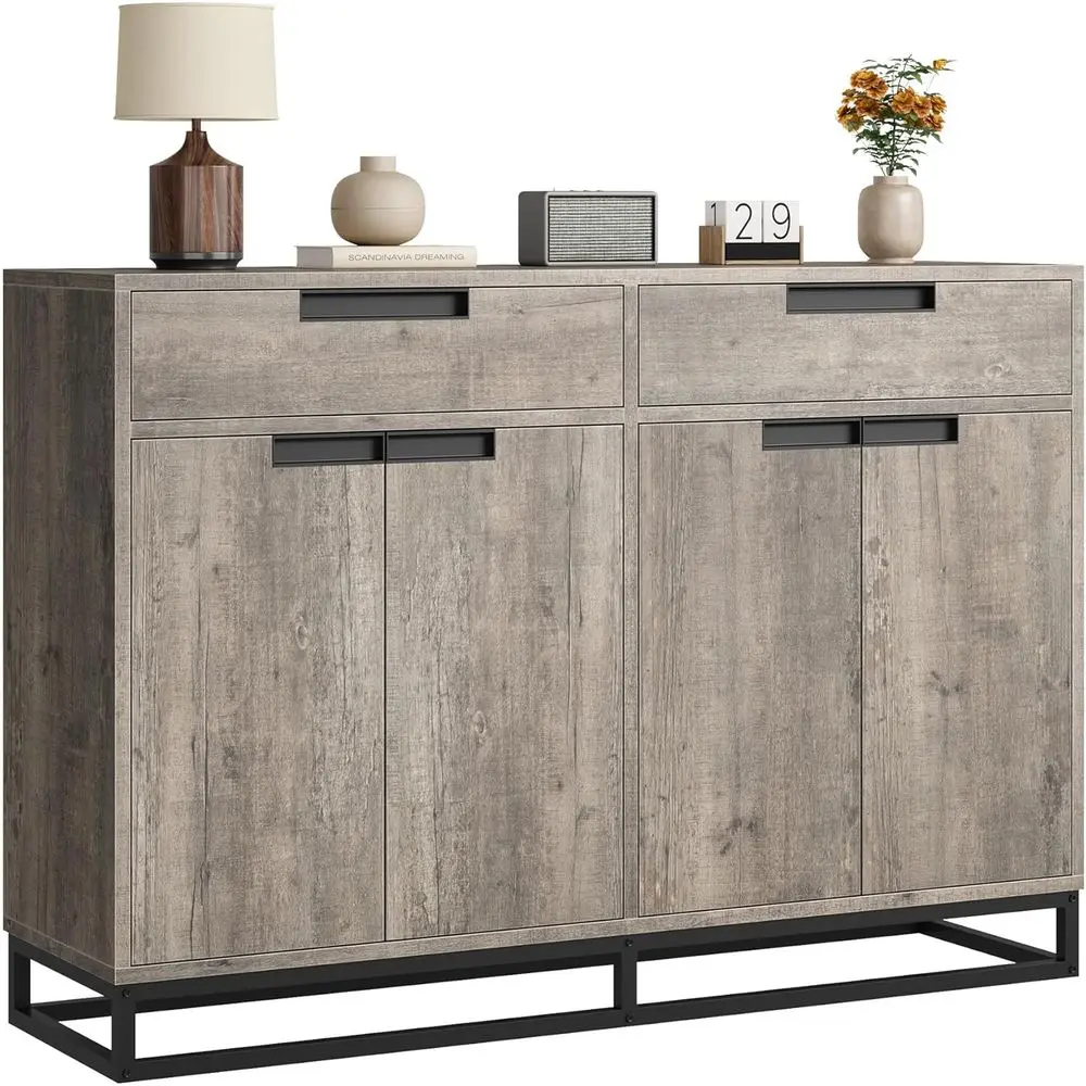 Large Modern Grey Buffet Cabinet with 2 Drawers & 4 Doors, Kitchen Dining Room Storage Sideboard