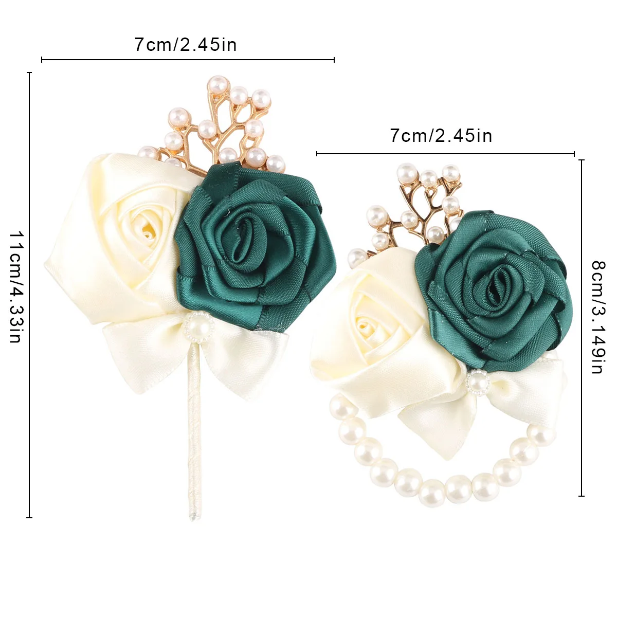 "Premium" Luxury Dark Green Rose Wedding Corsage & BoutonniereSet For Bride Groom And Guests - Perfect For Weddings And Proms