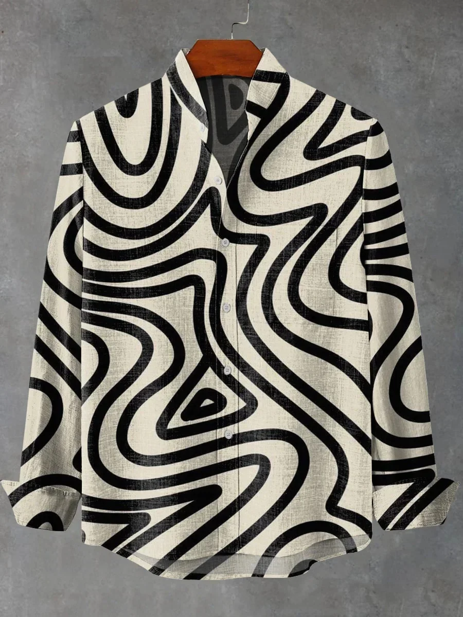 New spring and autumn men's stand-up collar linen long-sleeved shirt 3D art printed simple pattern top men's casual shirt