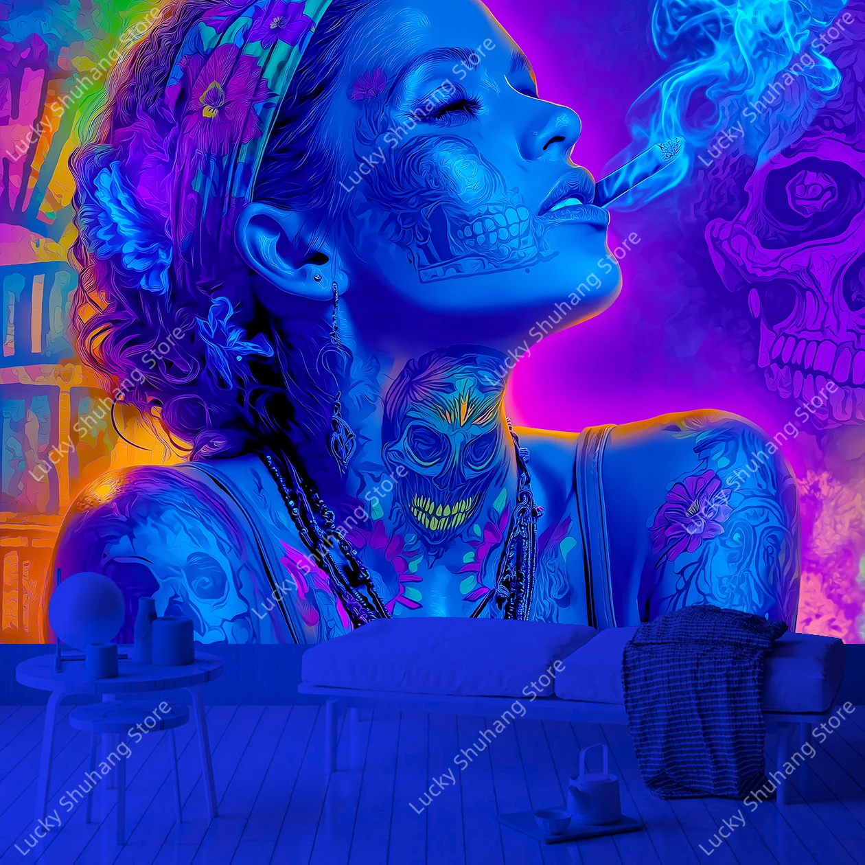 Psychedelic Skull UV Tapestry with Mysterious Woman Floral Headband Vibrant Bohemian Decor for Living Room Bedroom Wall Hanging