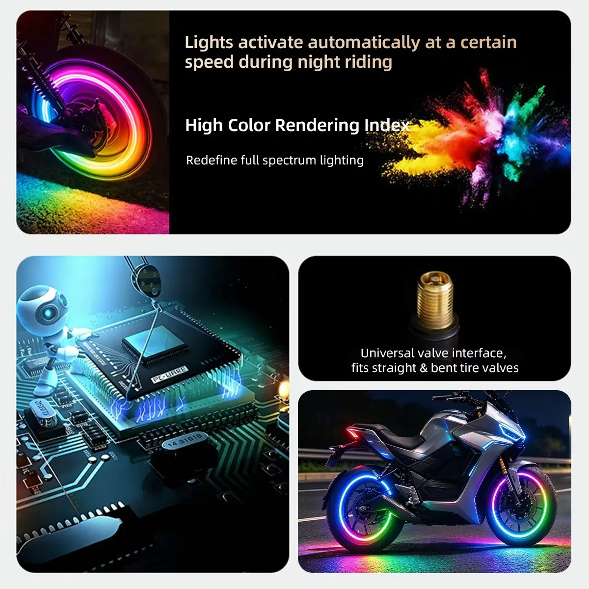 4pcs Motorcycle RGB Bicycle Tire Valve Cap Light LED Neon Flash Lamp for Electric Bike Waterproof Tire Valve Flashing Decorative