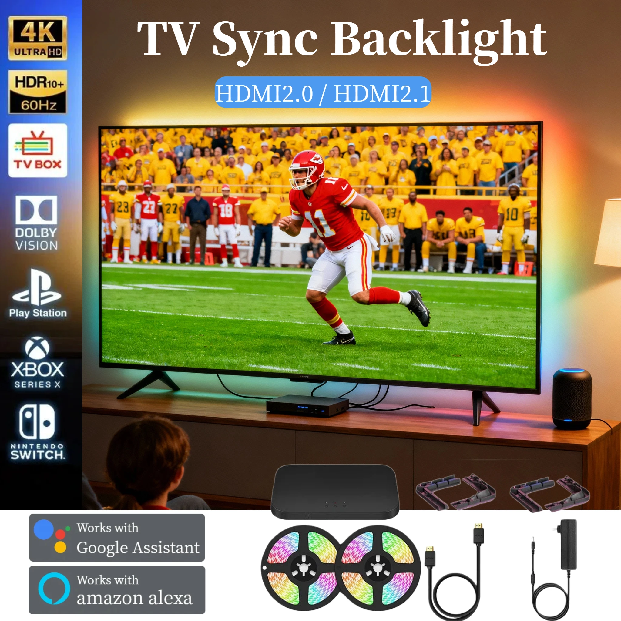 Kit de rétroéclairage LED pour TV ambiante intelligente, avec boîtier de synchronisation 4K HDMI 2.1, fonctionne avec TV Box/PS5, WiFi, Alexa et Google Assistant Control