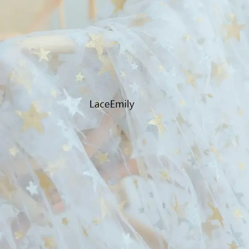 5 Colors Glitter gold silver star Lace Fabric star Tulle lace for Wedding Gown, Bridal Dress, Summer Dress, Baby Dress