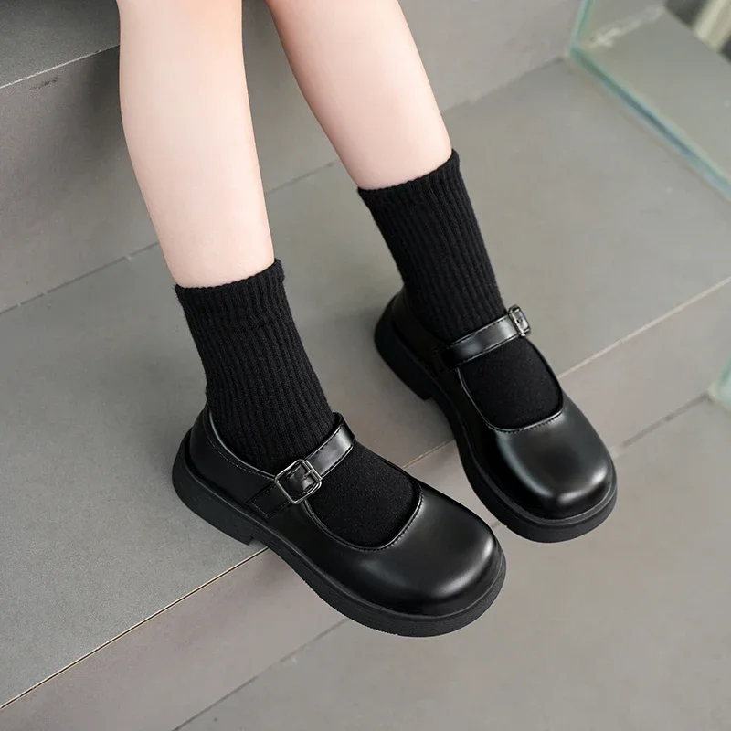 2024 New Black Girls Loafers for School Uniform Simple Round-toe Non-slip Round-toe Kids Versatile Soft Leather Shoes Children