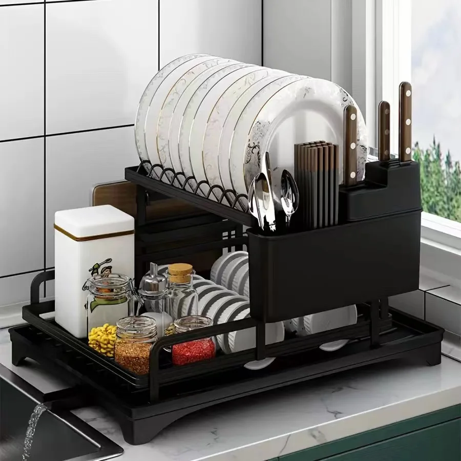 2 الطبقة طبق الرف مع لوح تجفيف المطبخ طبق السلطانية تجفيف تخزين الرف كونترتوب أواني الطعام المنظم سكين شوكة حامل الكأس #2