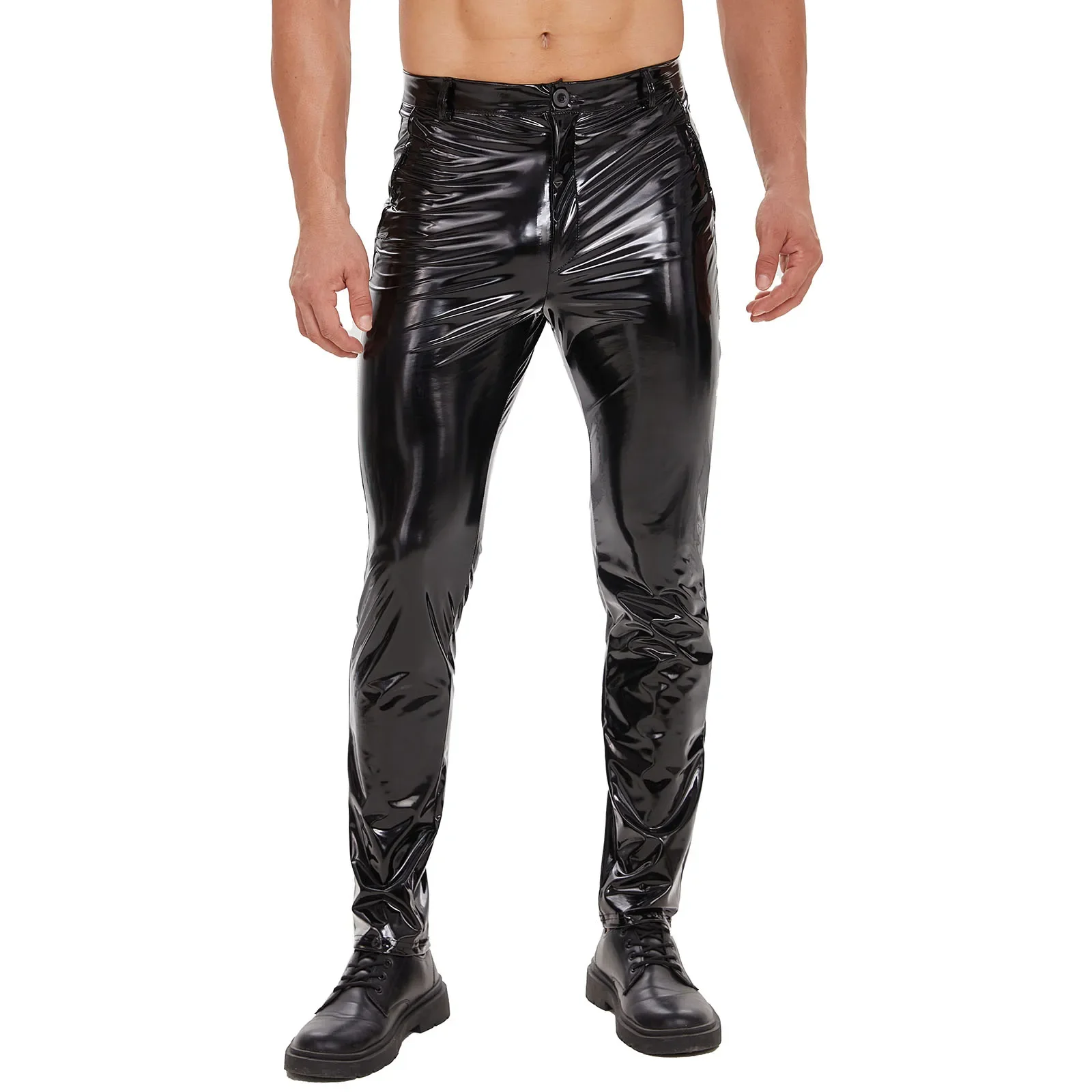 

Mens Shiny Leather Straight Pants Casual Trousers Sexy Zipper Open Crotch Glossy PVC Leather Male Shaping Wetlook Latex Leggings