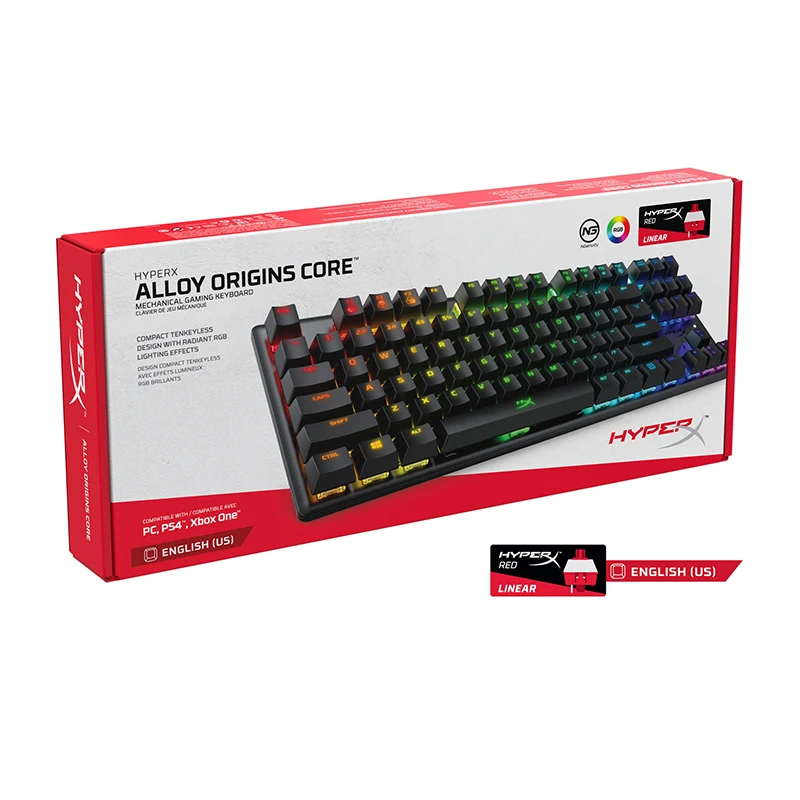 HyperX Alloy Origins Core Keyboard Gaming mekanis tanpa kunci, perangkat lunak lampu dikendalikan faktor bentuk kompak RGB lampu latar LED